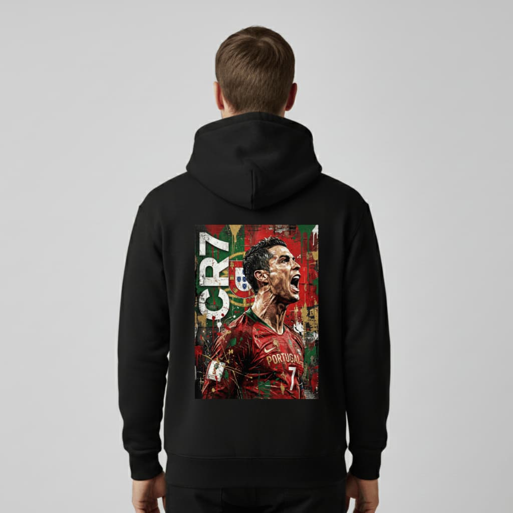 Moletom Canguru Preto CR7 Cristiano Ronaldo Portugal 7 Estampa Costas Copa do Mundo 2026 Unissex