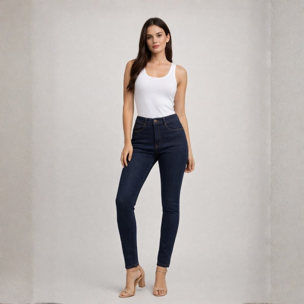 Calça Jeans Feminina Modelagem Skinny  Azul Escuro Cós Alto  Bolsos Funcionais Ajuste Perfeito