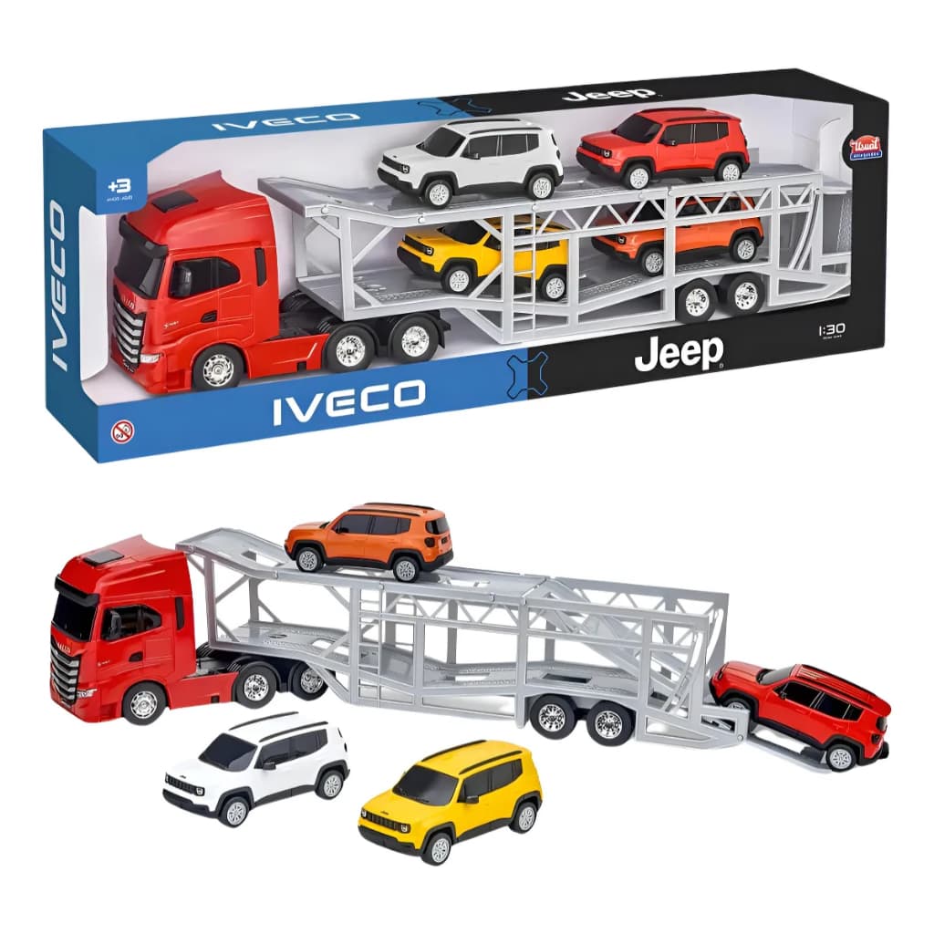 Caminhão Brinquedo Iveco Sway Cegonha com 4 Carrinhos Jeep Renegade Infantil