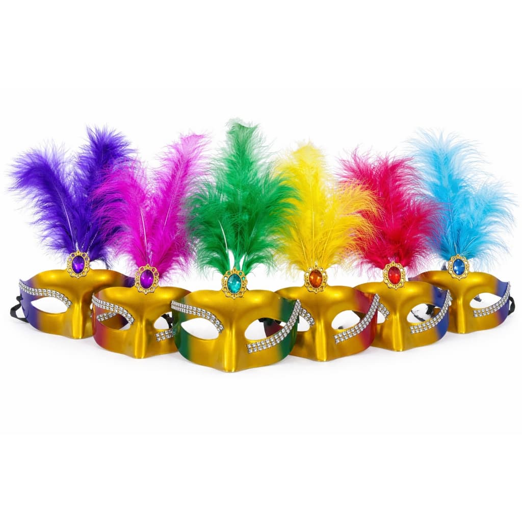 Máscara Veneziana Carnaval Luxo com Plumas Coloridas para Festa Fantasia Pena Pedra Gold Dourada