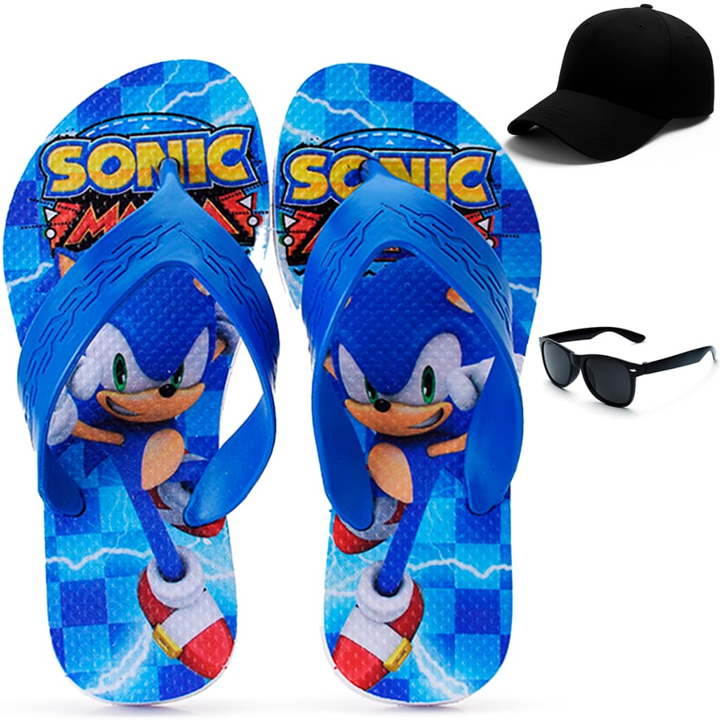 Kit Chinelo Infantil Sonic + Boné + Óculos Infantil