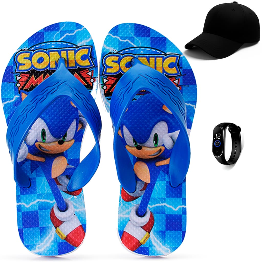 Kit Chinelo Infantil Menino Sonic + Boné Infantil + Relógio Digital