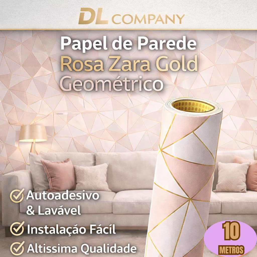 Papel Adesivo Parede 5 ou 10 metros Rose Gold Geometrico Autocolante Lavável Fácil de Aplicar