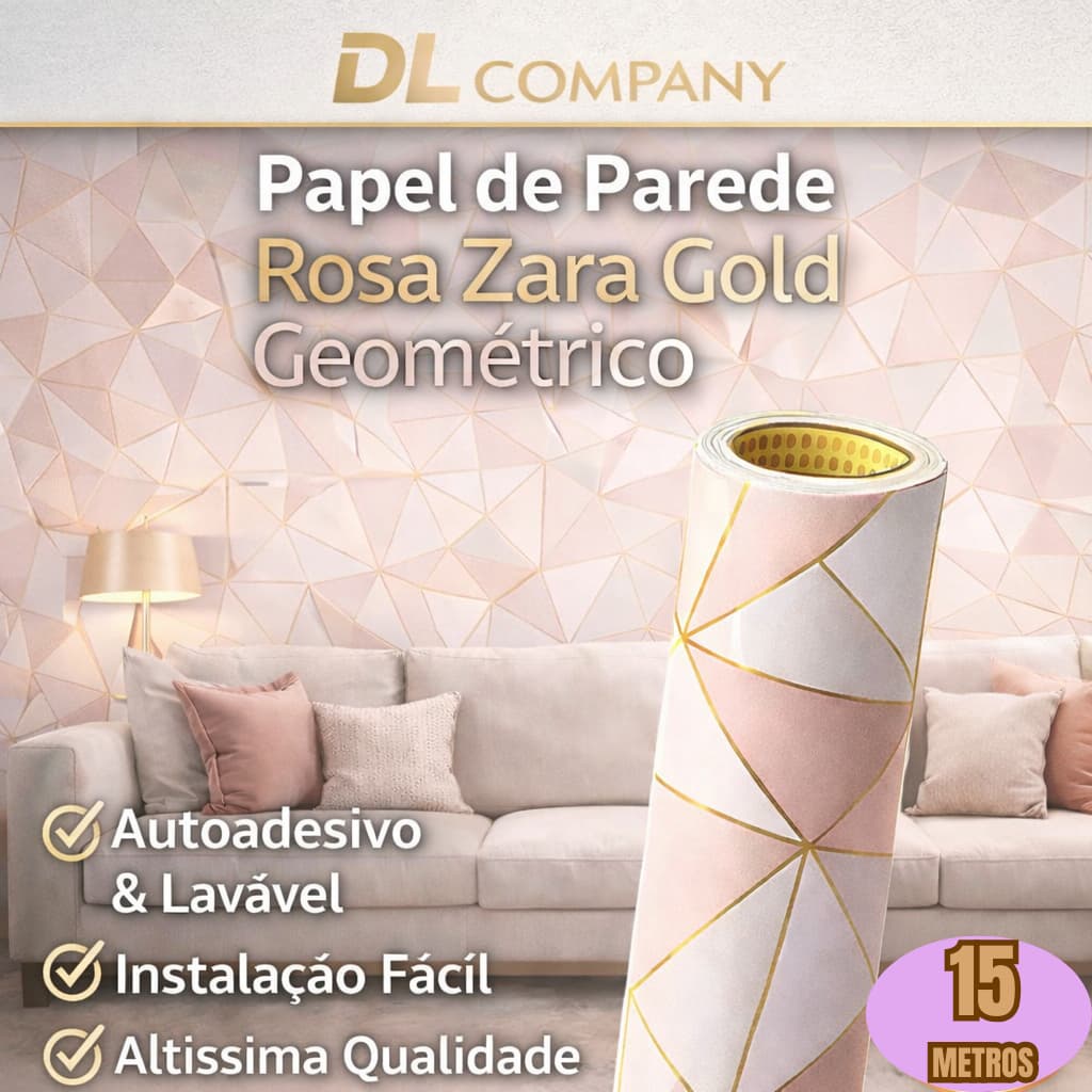 Papel Adesivo Parede 5, 10 ou 15 metros Rose Gold Impermeável Sala Lavável Fácil de Aplicar Quarto