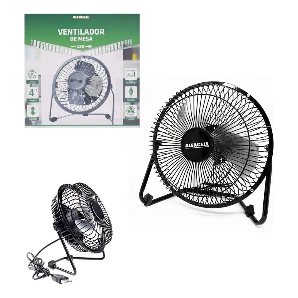 Mini Ventilador USB Alfacell Preto Mesa 15cm Silencioso Alumínio AL12005