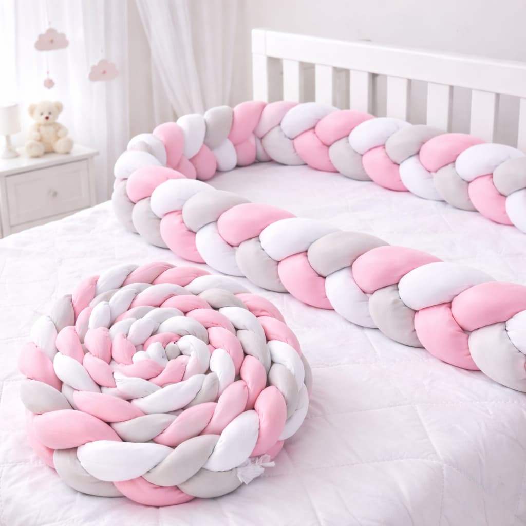 Trança 4m Protetor Berço E Cama Montessoariana Rosa/Cinza/Branco - Grossa