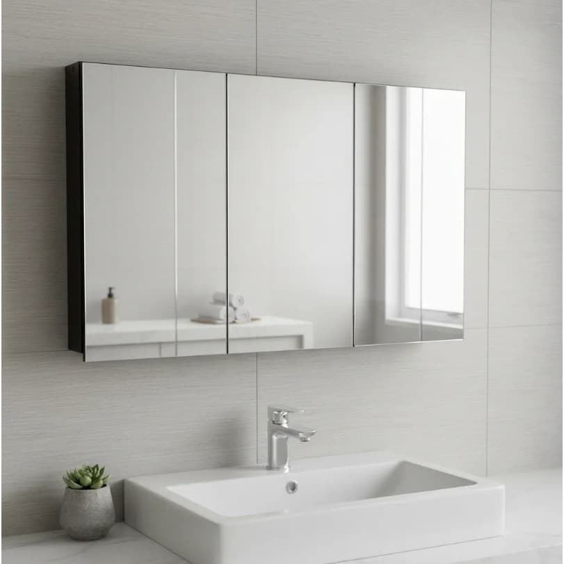 Espelho 90cm Preto para Banheiro Armário 3 Portas - 3 Portas com Amortecedor - 100% MDF MONTADO