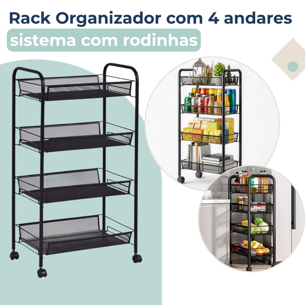 Carrinho Organizador Fruteira Retangular 4 Andares Com Rodinhas Casa Cozinha
