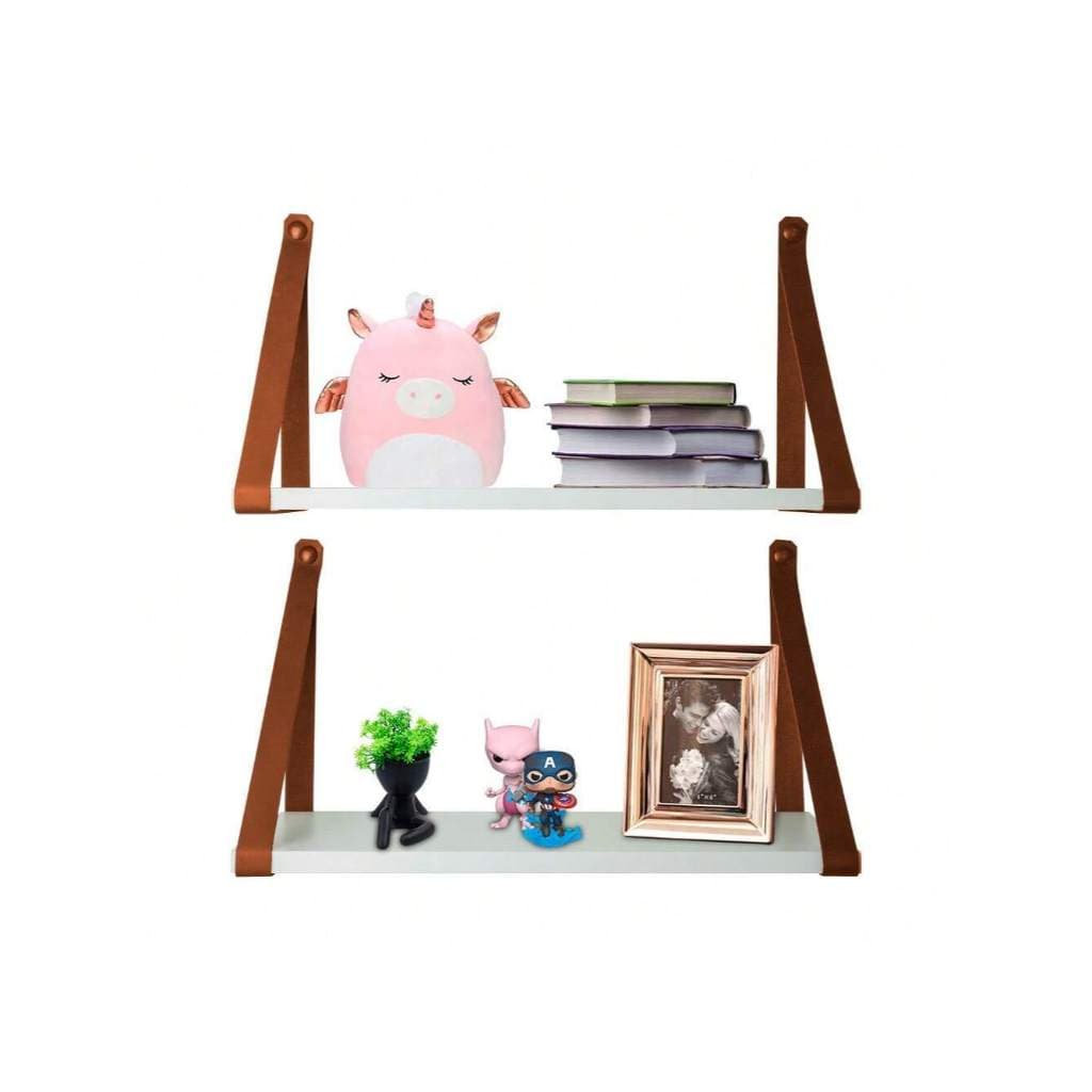 kit 2 prateleiras branca com alça de couro ecológico caramelo decorações e ambientes