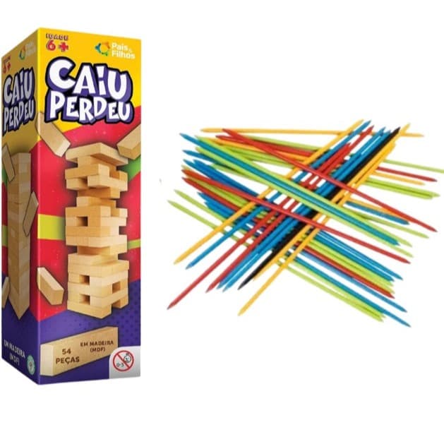 Jogo Caiu Perdeu e Pega vareta Pais & Filhos de Madeira Jogo da Torre de Madeira 54 Peças Desenvolve Coordenação Motora