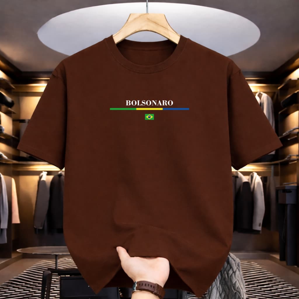 Camiseta Masculina Bolsonaro Brasil Estampa Fio 30.1 Algodão 100% Casual Básica Tecido Leve e Fresco