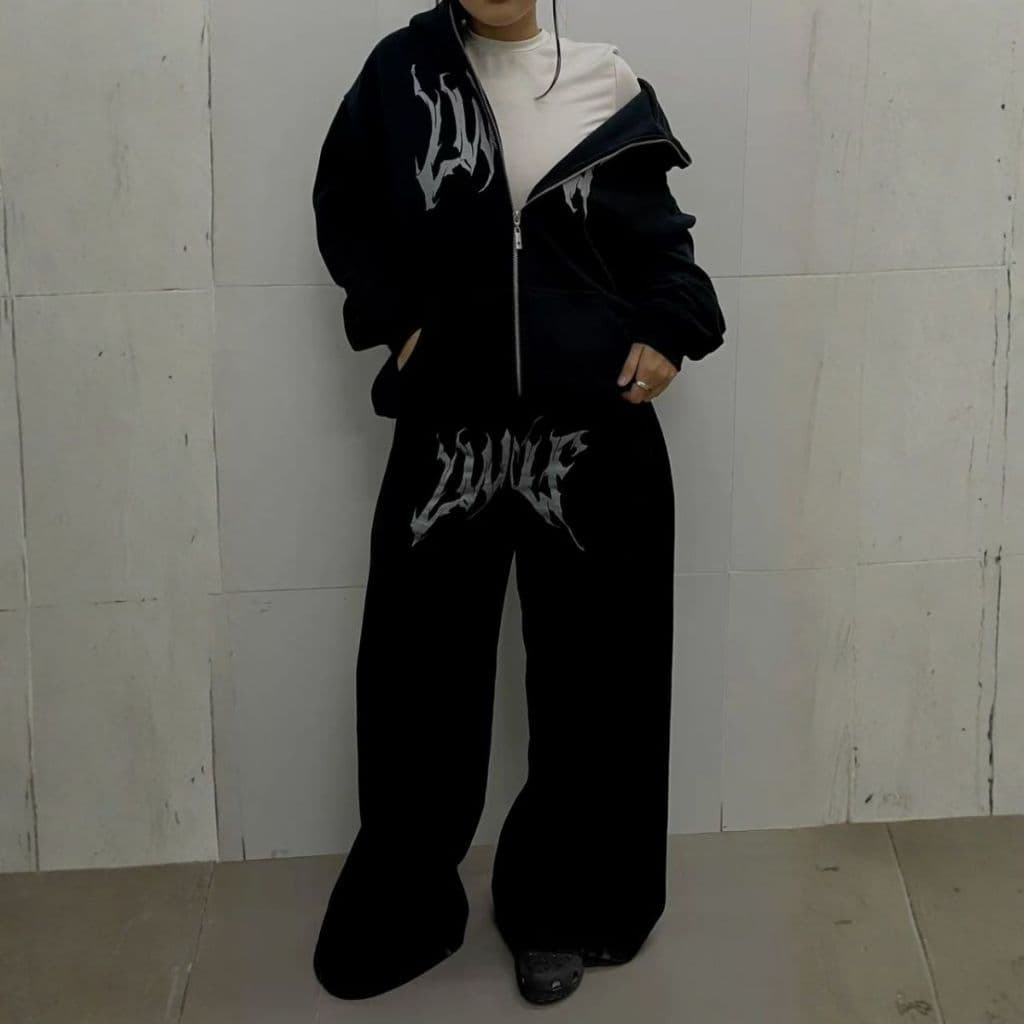 Conjunto Moletom Premium Calça Wide Baggy Estilo Hip Hop Hoodie Zip
