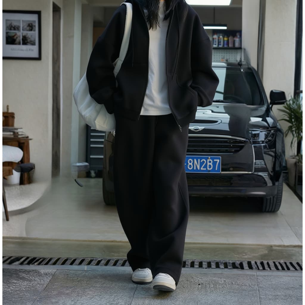Conjunto Moletom Streetwear Zíper E Calça Wide Leg Estilo Gringo Confortável