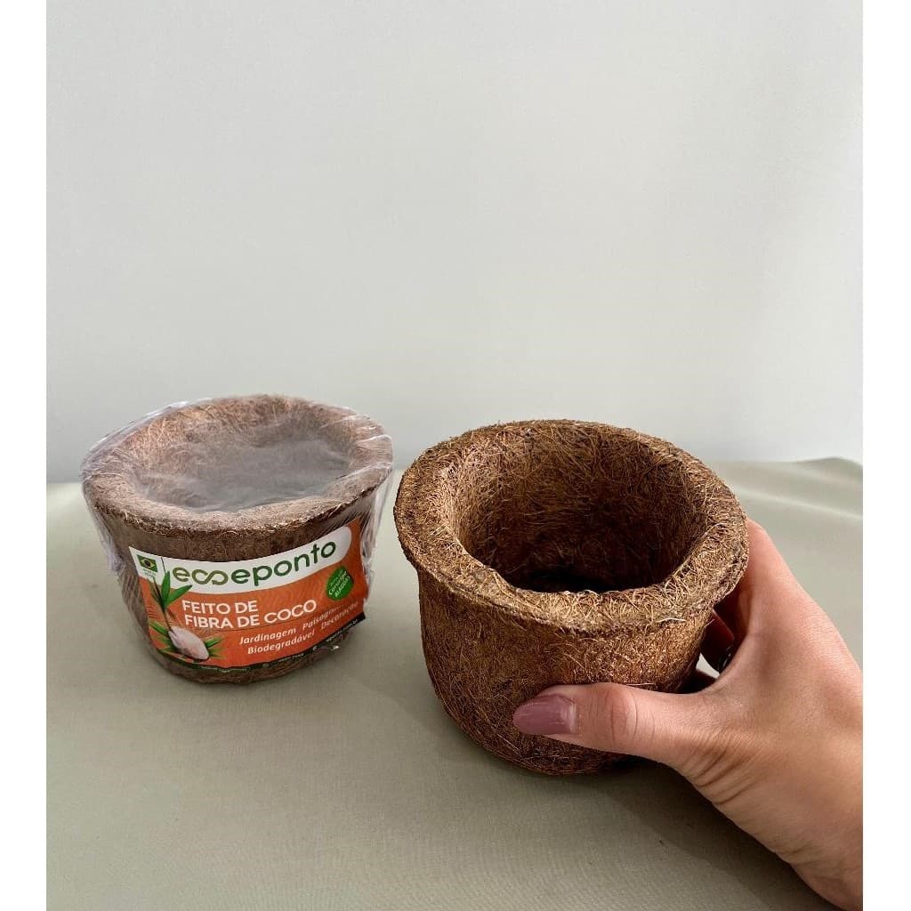 Vaso de Fibra de Coco Pequeno 19x10cm Artesanal Mini Cacto Suculenta Rosa do Deserto 100% Natural