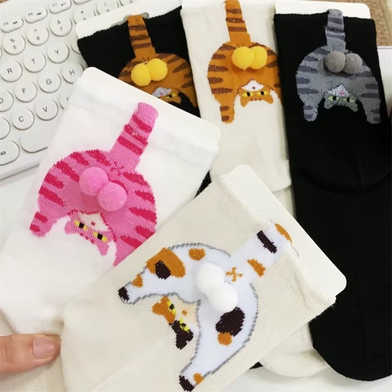 Meia Engraçada Gato Bolas 3D Divertida | Meia Meme Gatinho Irreverente Criativa Presente