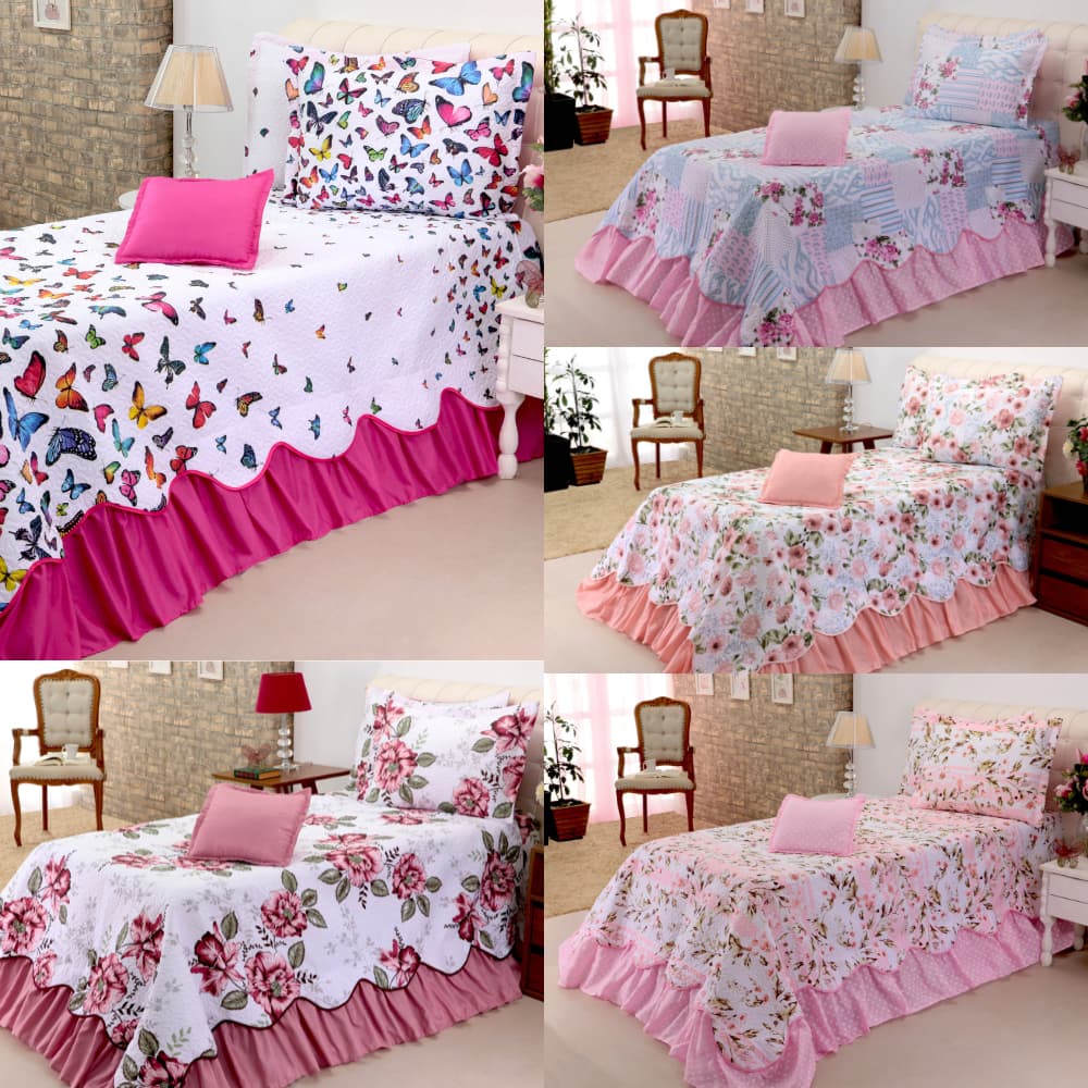 Kit Cobre Leito Solteiro Juvenil Colcha Estampada Cama Posta 100% Poliéster 3 Peças Percal 180 Fios