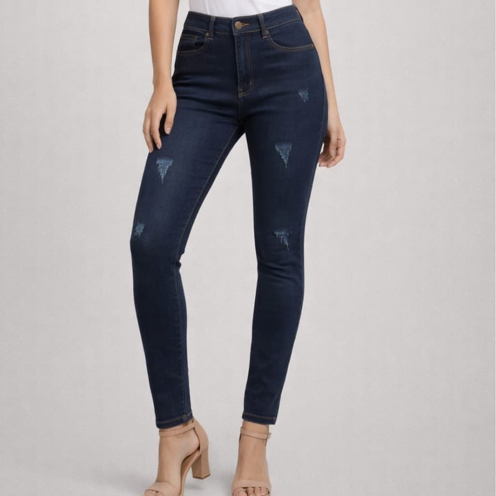 Calça Jeans Feminina Modelagem Skinny Com  Detalhe Riscado Azul Escuro Cós Alto  Bolsos Funcionais Ajuste Perfeito