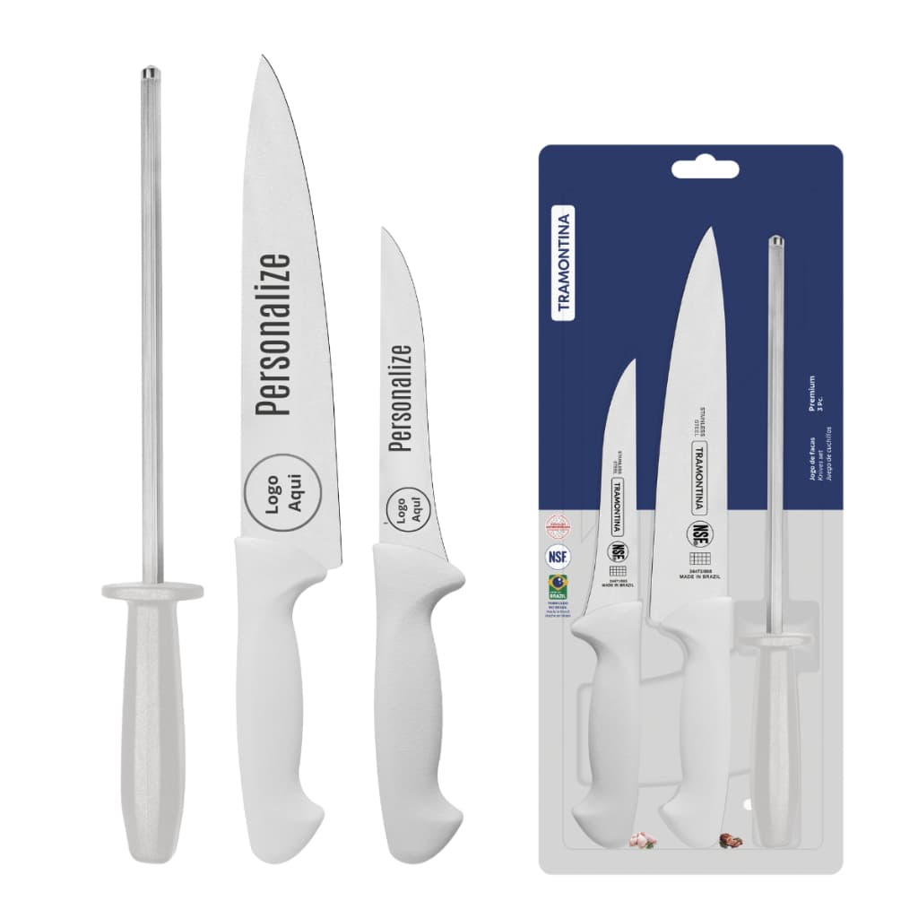 Facas Tramontina Premium Chef Para Carne Em Inox Personalizada Com Nome Logo - Cabo Branco