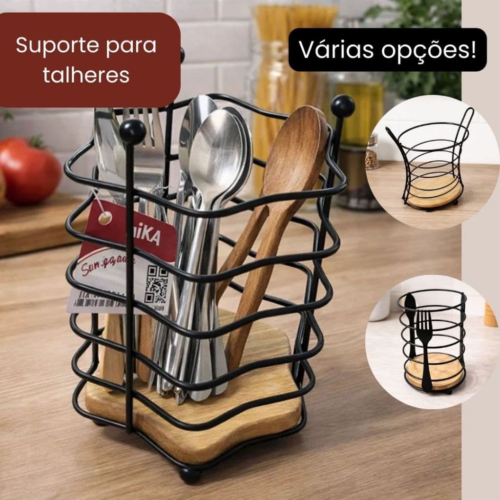 Suporte Porta Talheres Madeira e Preto Moderno Elegante Escorredor de Talher
