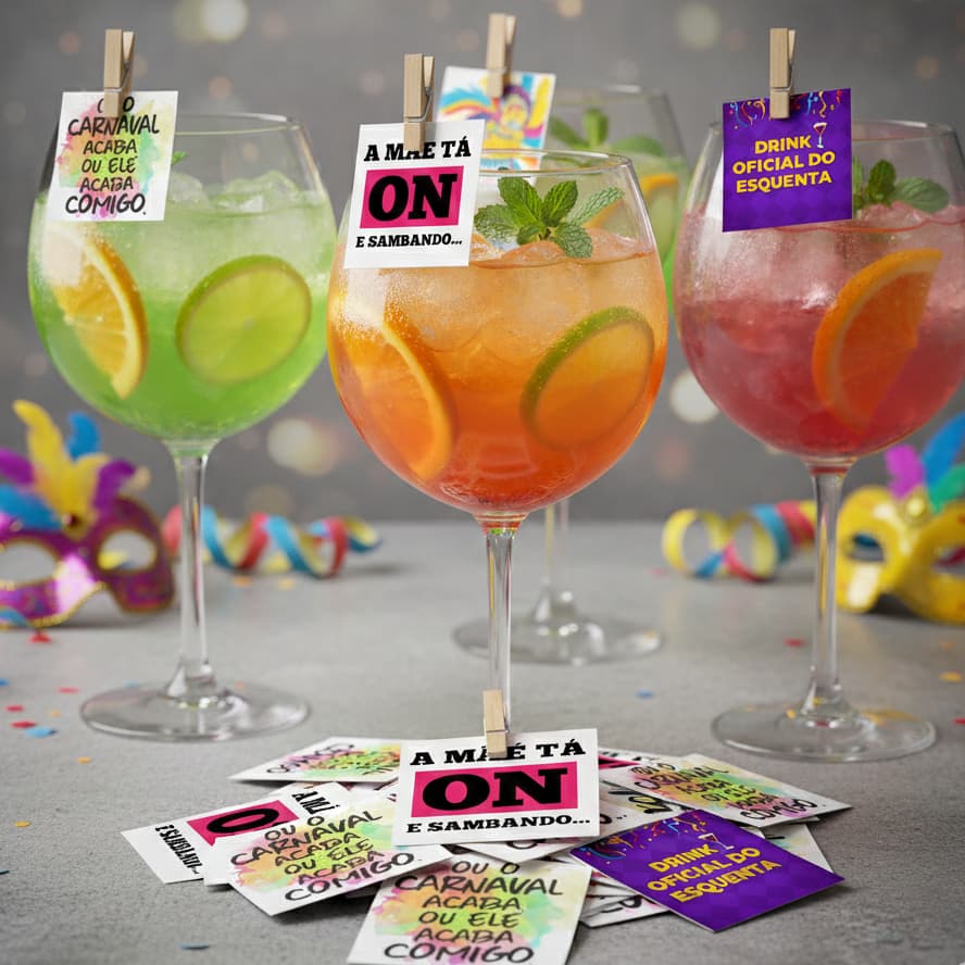 Tags para Drinks Carnaval | Kit 100 Unidades | Frases Divertidas | Tags para Bebidas