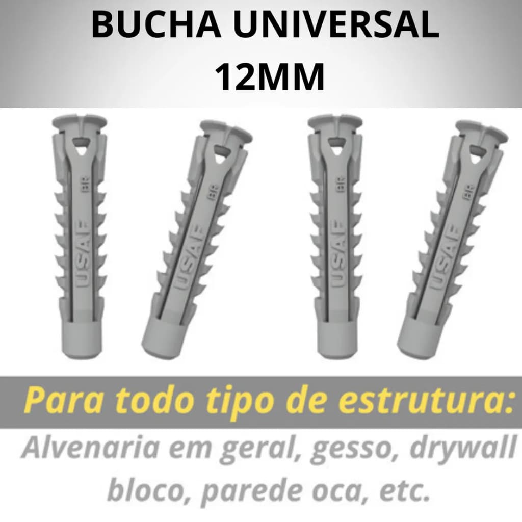 Bucha Universal 12mm C Aba Parede Bloco Gesso Drywall 100un Cinza