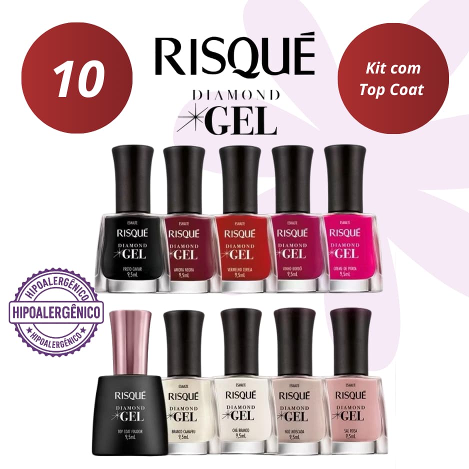 RISQUE UNHAS - KIT 9 ESMALTES DIAMOND GEL + 1 TOP COAT FIXADOR - HIPOALERGÊNICO - SEM CABINE