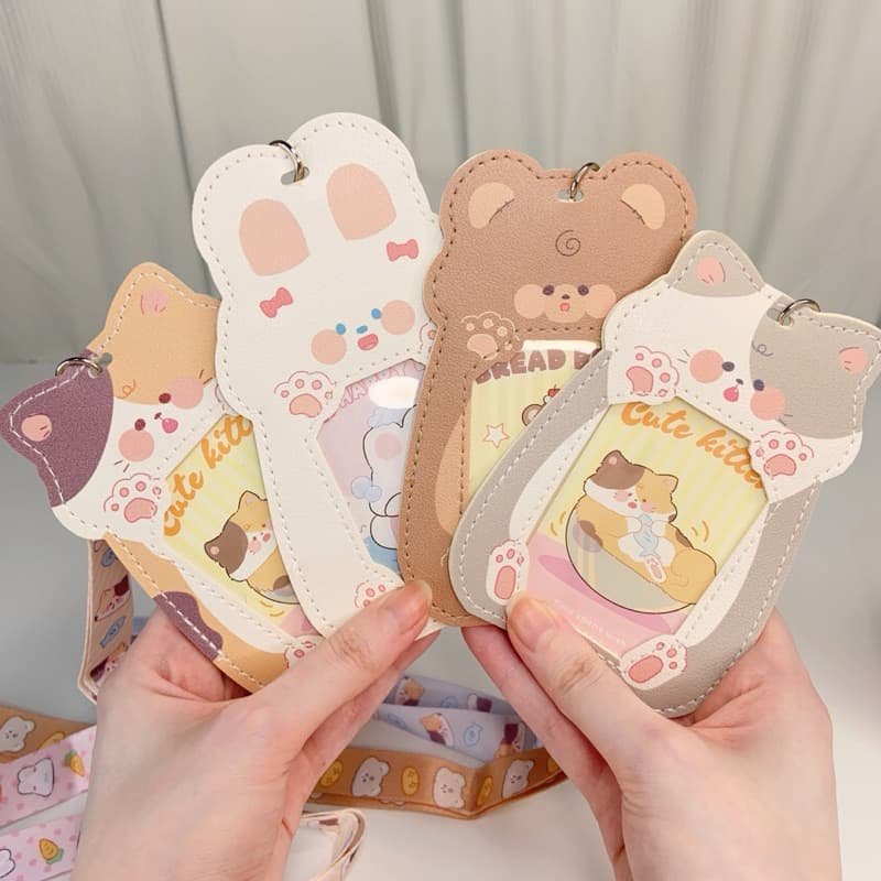 Porta Crachá Photocard Holder Kpop Porta Cartão com Cordão Fofo Coelho Gato Urso