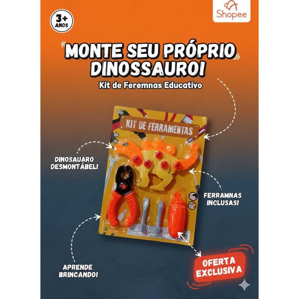 Brinquedo Kit De Ferramentas Educativo Monte Seu Dinossauro Desmontável Infantil 3+ Anos