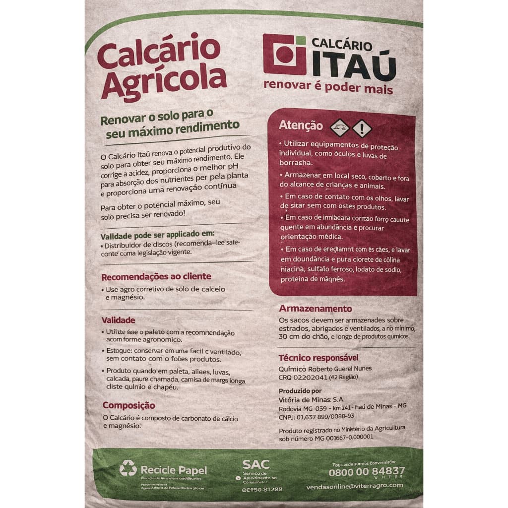 20 Kg - Calcário Calcítico Itaú - Ca E Mg - Corrige A Acidez