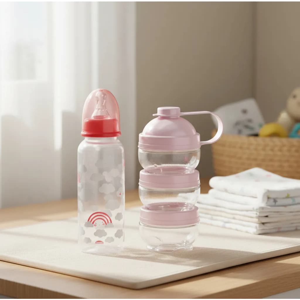 Kit Dosador De Leite Em Pó Gire e Trave e Mamadeira 250ml Infantil Bebê Anticólica Bico Silicone