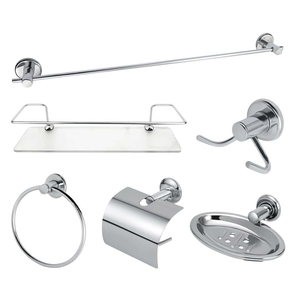 Kit Acessórios Para Banheiro Aço Inox 5 Peças + 1 Porta Shampoo Vidro Reto