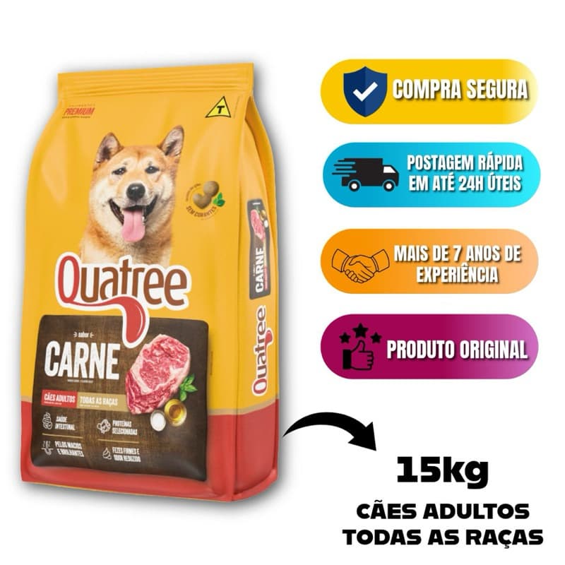 Ração Quatree Carne 15kg, Ração Premium para Cães Adultos Todas as Raças, Alta Palatabilidade