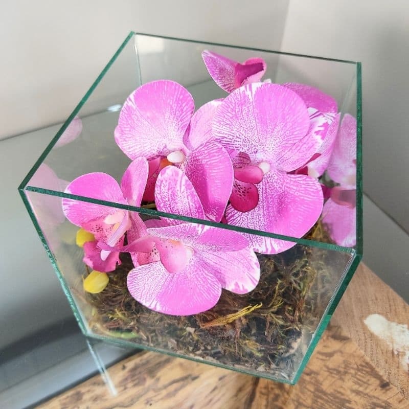 Arranjo decorativo de Orquídea realista de silicone buquê na caixa de vidro lançamento