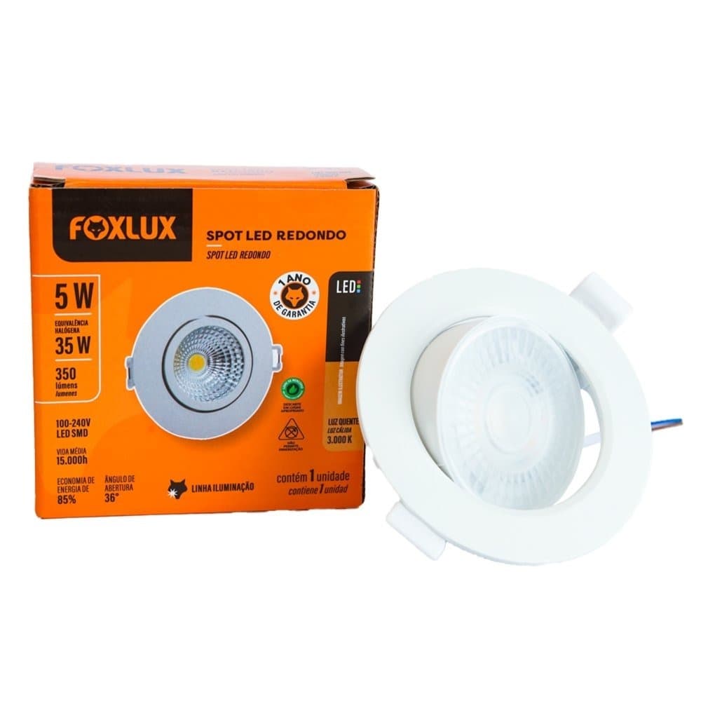 Spot De Led Embutir Branco Redondo 5w Amarelo Quente 3000k - Foxlux