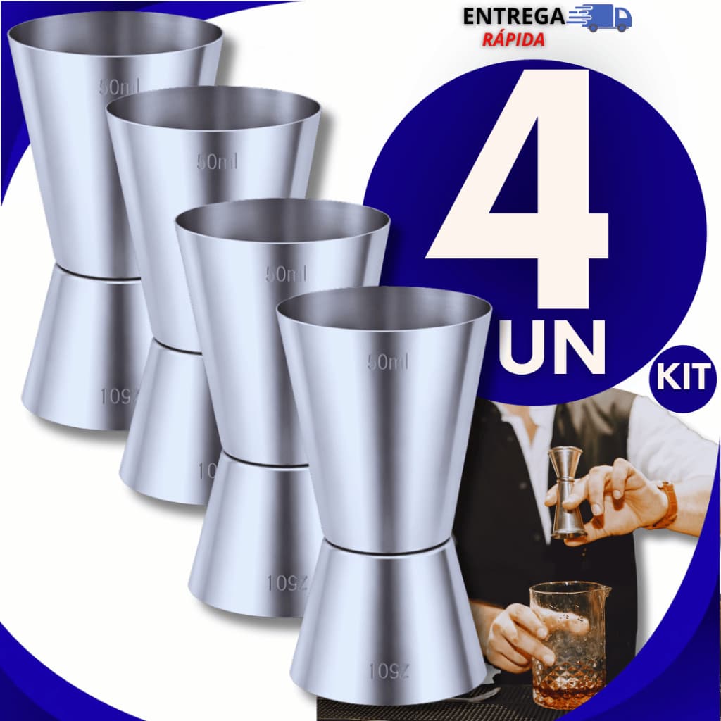 Jogo 4 Peças Dosador Duplo para Drink Aço Inox 25ml e 50ml Bar Drinks Bebidas Barman Caipirinha Premium