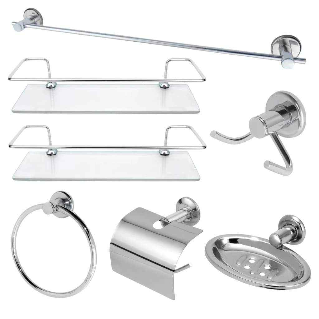 Kit Acessórios Para Banheiro Aço Inox 5 Peças + 2 Porta Shampoo Vidro Reto