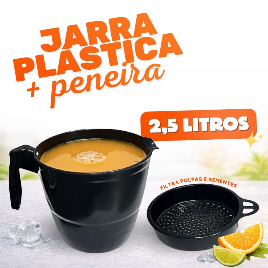 Jarra de Plástico 2,5 Litros Com Peneira E Tampa Reforçada Para Suco Água Chá Geladeira Grande Preta