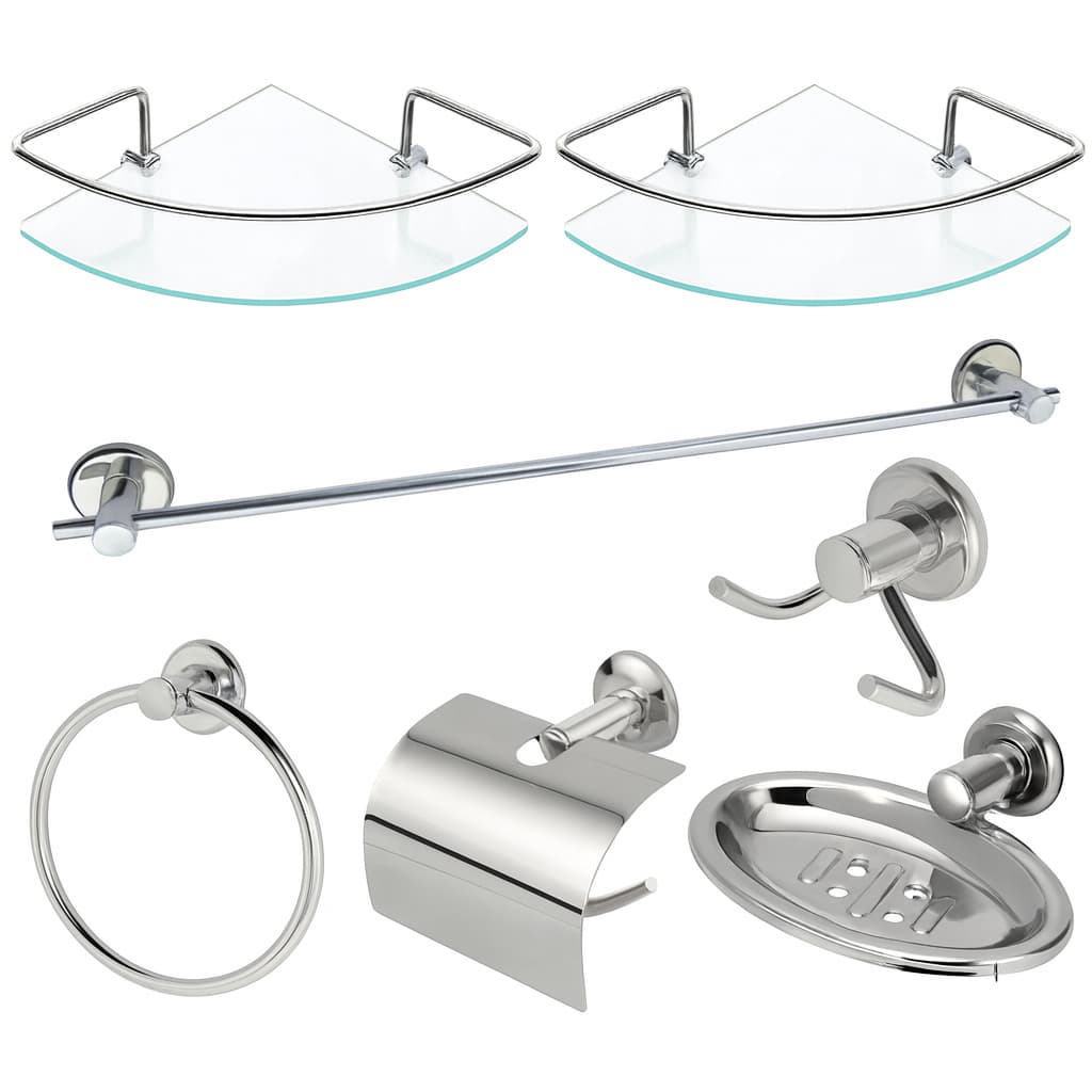 Kit Acessórios Para Banheiro Aço Inox 5 Peças + 2 Porta Shampoo Vidro Canto