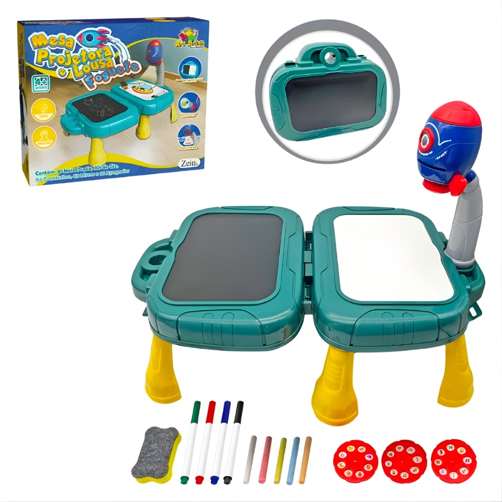 Mesa Projetora Infantil Desenho Educativa Lousa Mágica Led Lousa Giz Maleta Desenhos Dupla