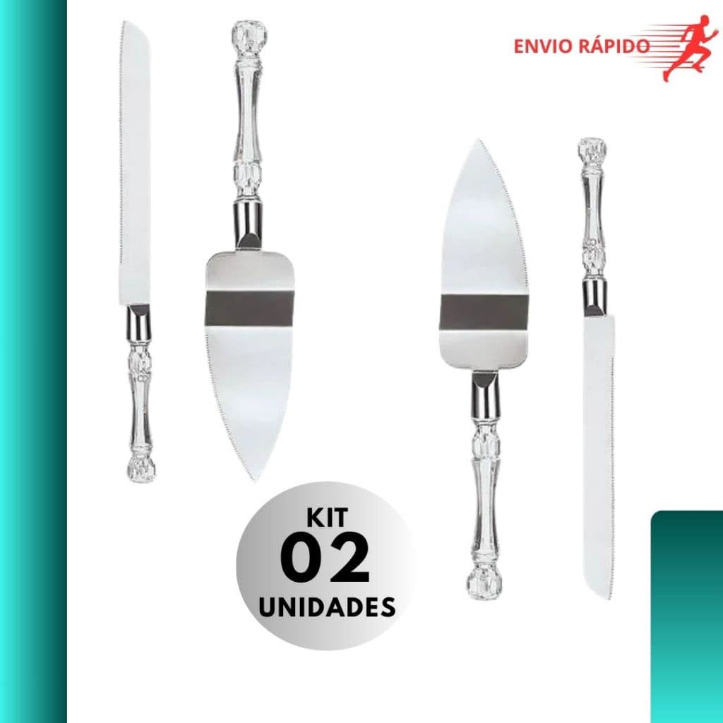Kit 2 Espátula para Bolo e Faca Luxo Cristal Inox Servir Cortar Confeitaria