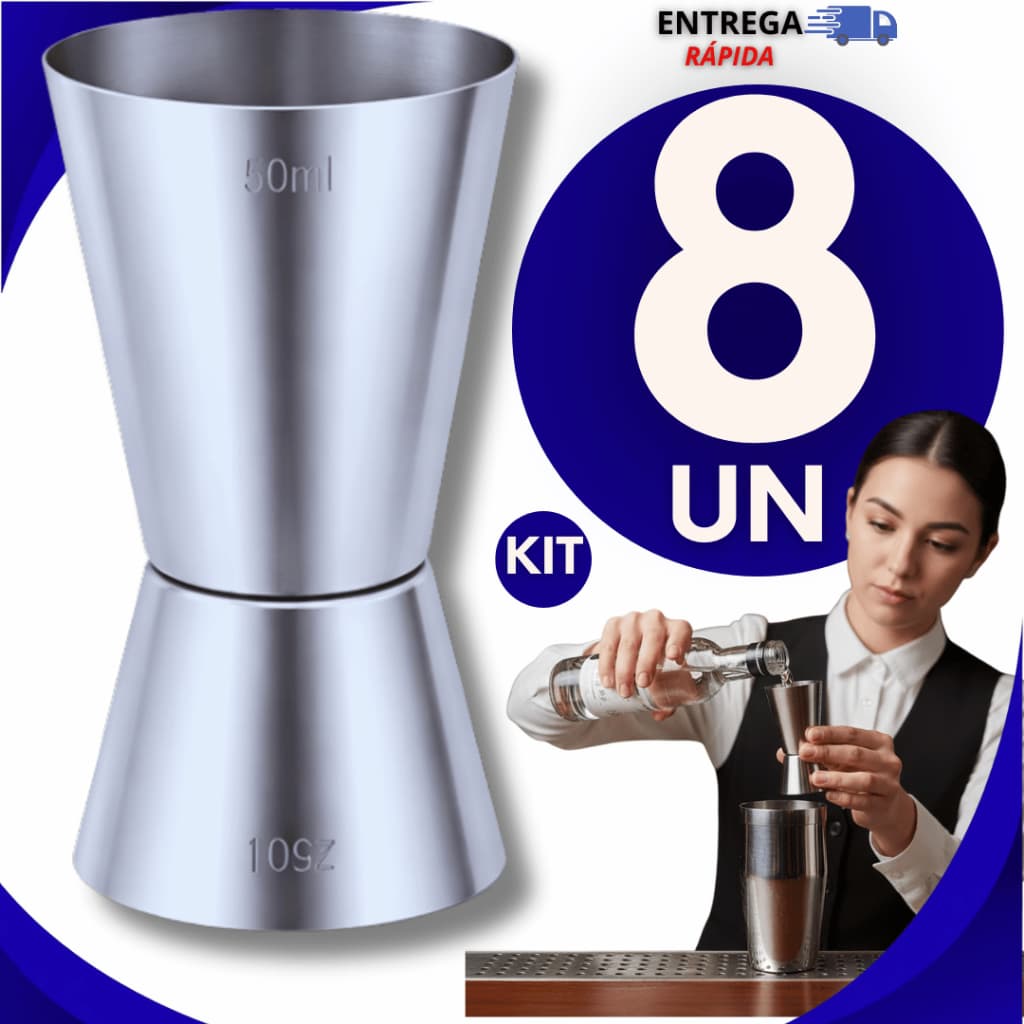 kit 8 Unidades Dosador Duplo para Drink Aço Inox 25ml e 50ml Bar Drinks Bebidas Barman Caipirinha Resistente