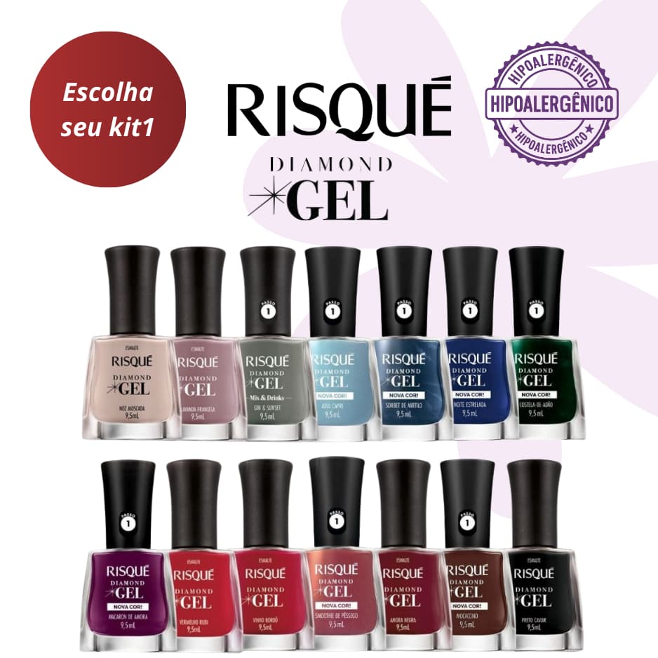 RISQUE UNHAS - KIT COM 14 CORES DE ESMALTES DIAMOND GEL FAVORITOS - HIPOALERGÊNICO - SEM CABINE