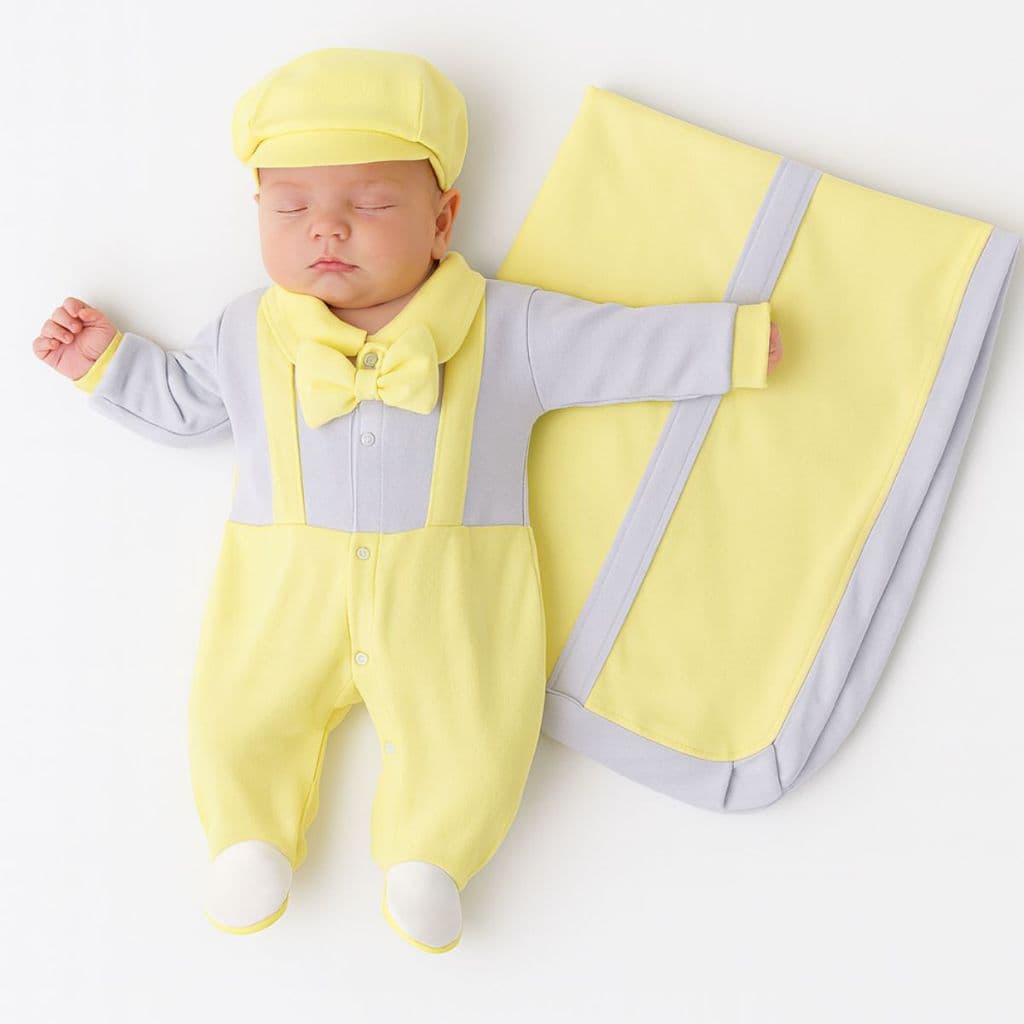 Saída Maternidade Menino Heitor Amarelo 5 Peça Kit Maternidade Completo Para Recém Nascido Masculino