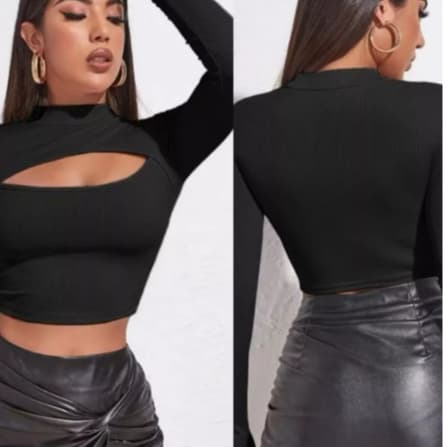 Cropped Feminino Manga Longa Gola Alta Recorte Busto Estiloso gringa Blogueira