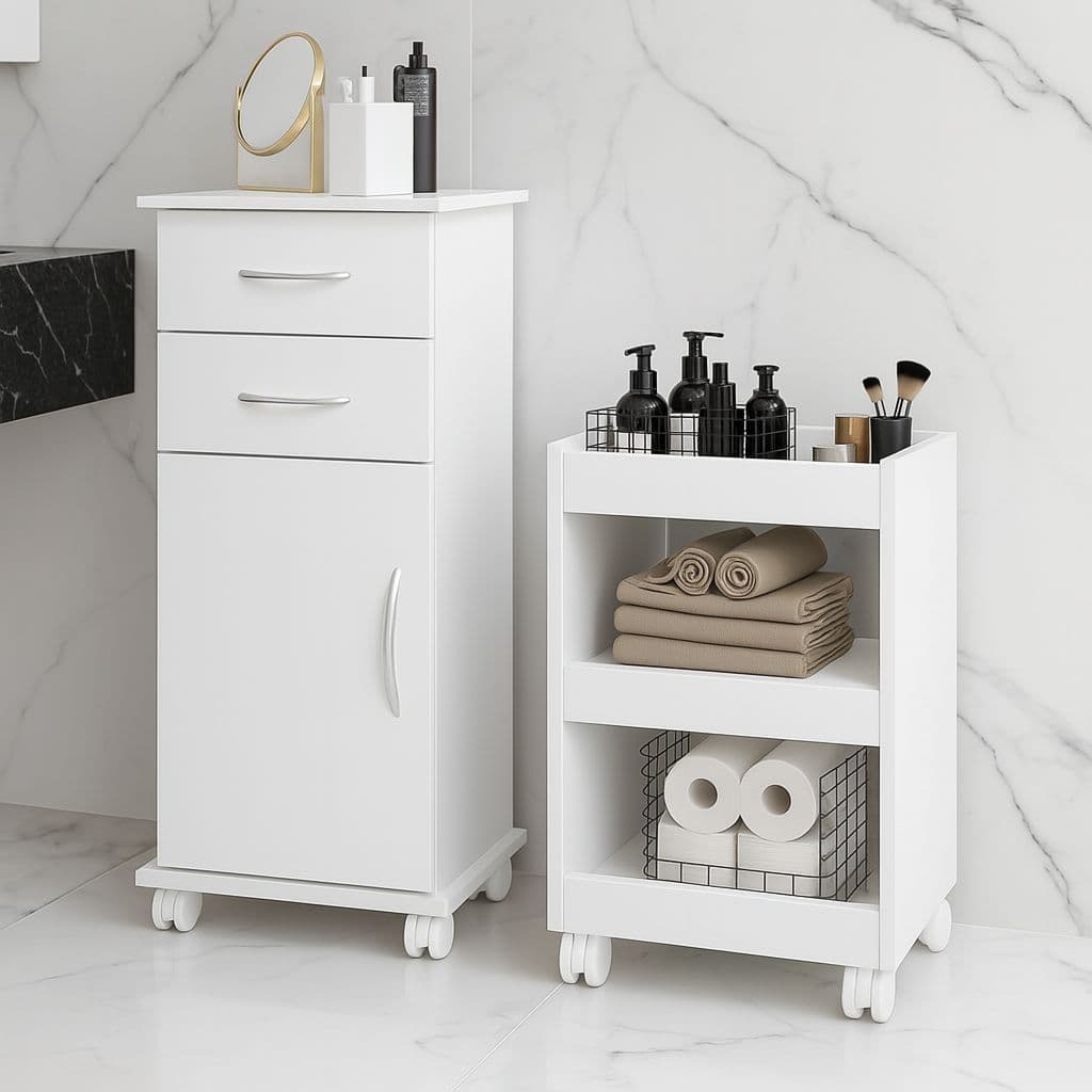 Kit Balcão com 1 Porta, 2 Gavetas e Rodinhas + Carrinho Armário 2 Prateleiras Multiuso Organizador