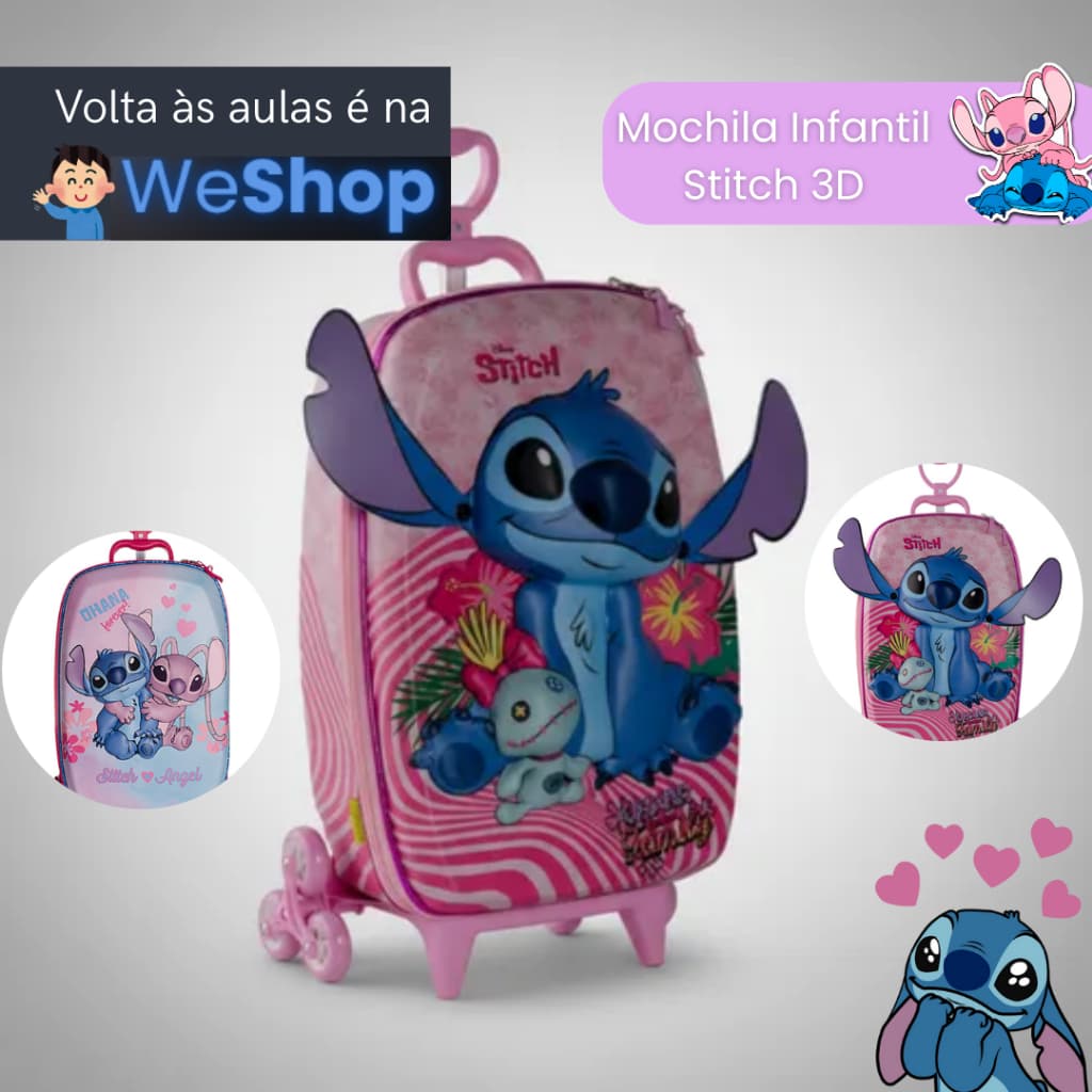 Mochila Escolar Infantil de rodinha Stitch 3D Stitch e Angel Alto Relevo