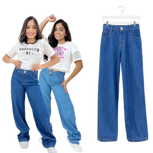 Calça Jeans Wide Leg  lisa Juvenil Azul Feminina Premium Moda Kids Estilo Gringa Calça Para Meninas