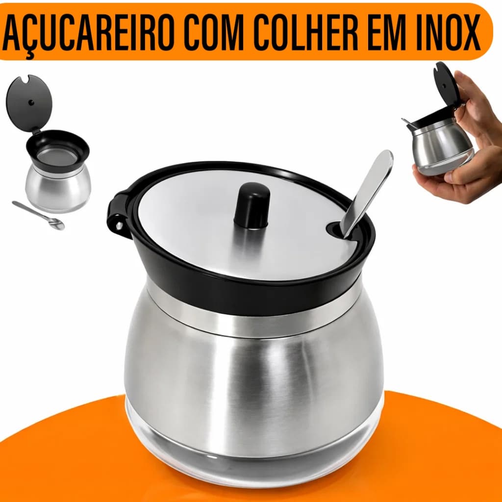Açucareiro De Vidro Revestido Em Aço Inox Com Tampa e Colher Acabamento Cromado cozinha - Yab