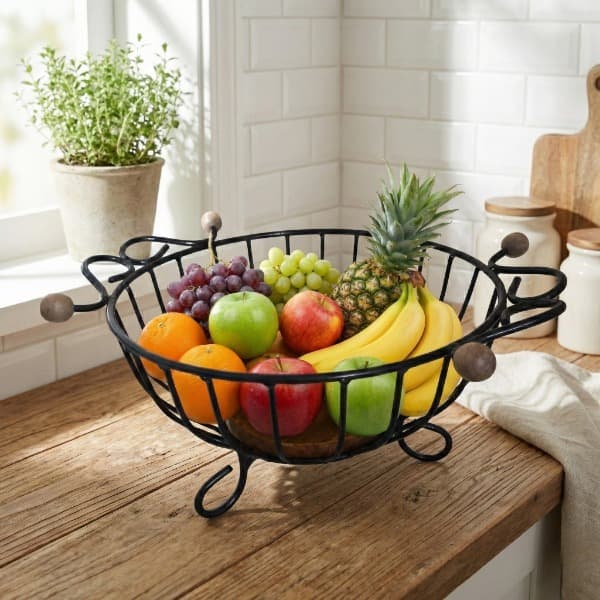 Fruteira Redonda Ferro E Madeira Rustica Cesto de Frutas Decoração de Mesa ou Balcão Área Gourmet