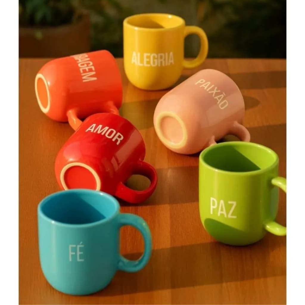 Caneca De Porcelana Momentos Para Café Chá Frases Amor / Coragem / Alegria / Paz / Fé / Paixão Colors 1 Peça 220ml